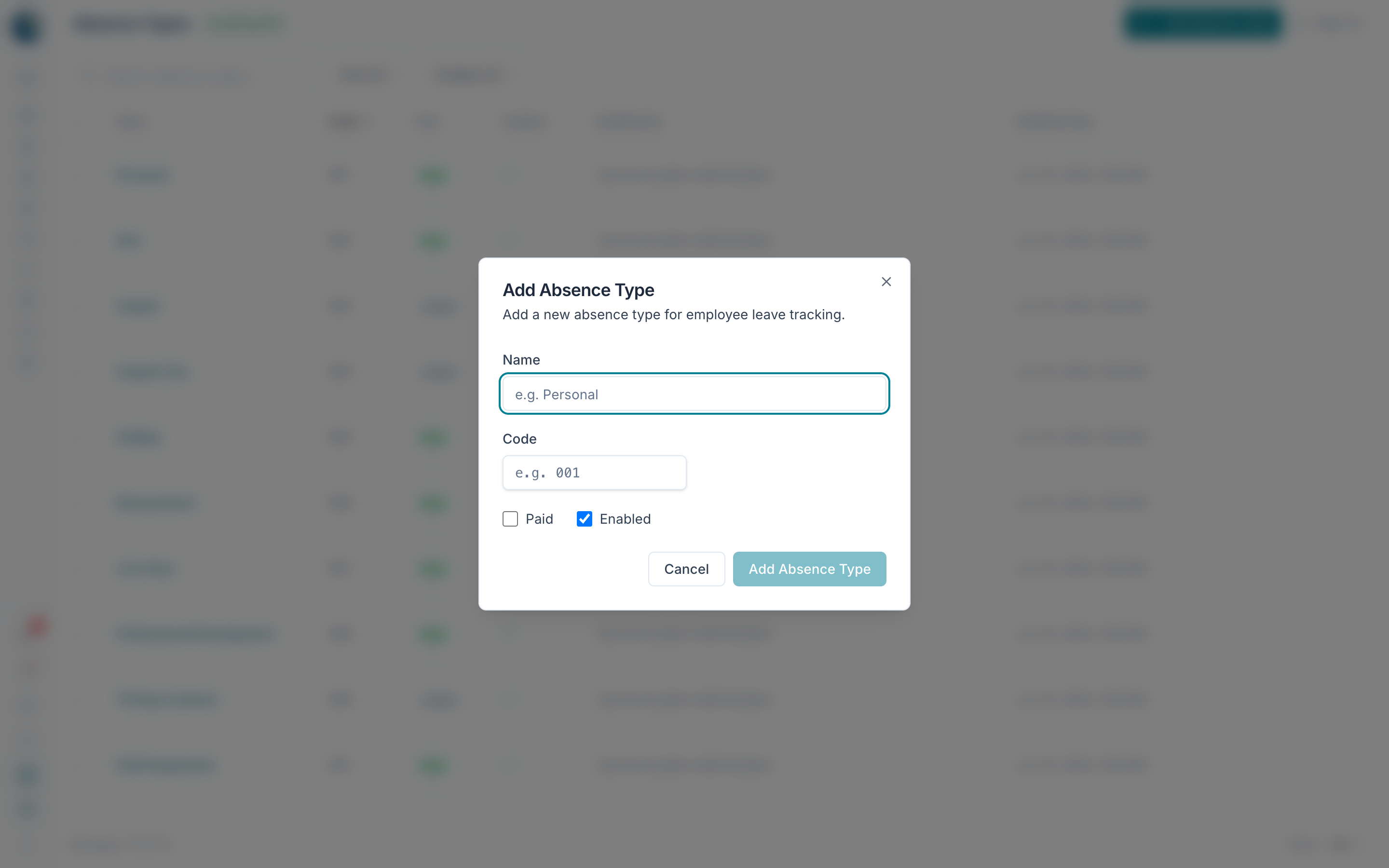 The Add Absence Type dialog