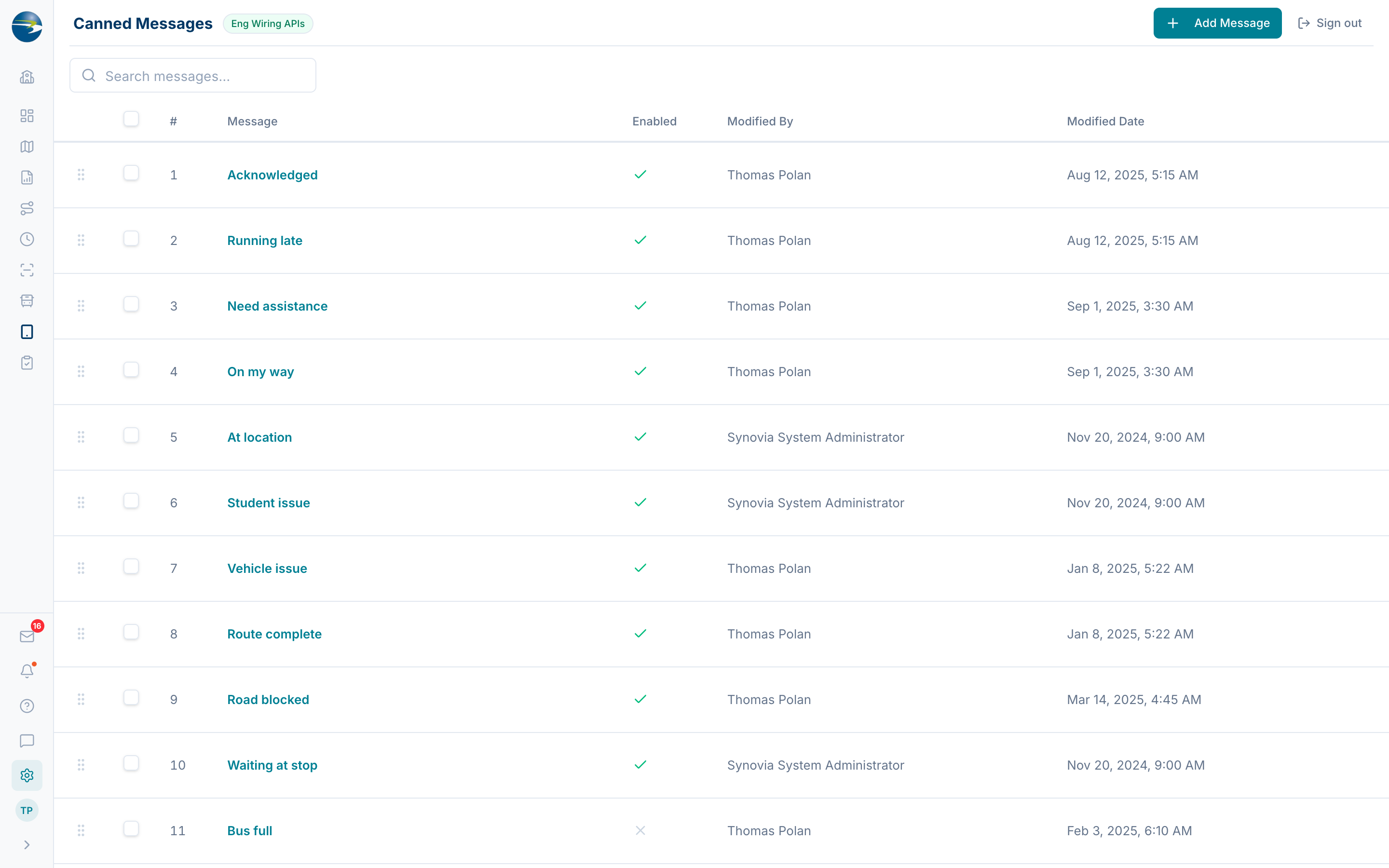 Canned Messages list
